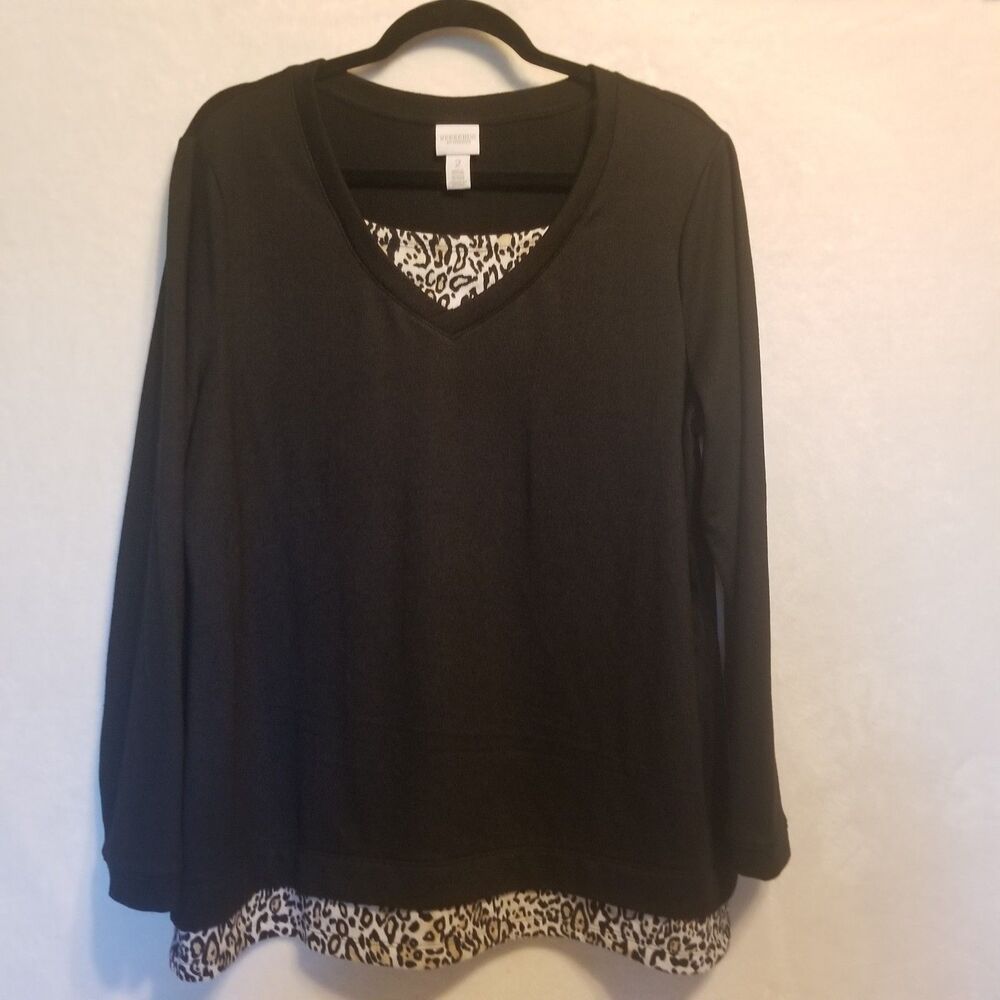Weekends by Chicos 2 (Lg) Sweater Cozy Soft V Neck Black Cheetah Trim Mob Wife